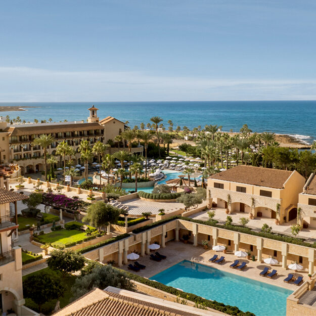 Drone view over the hotel with the sea in the background
