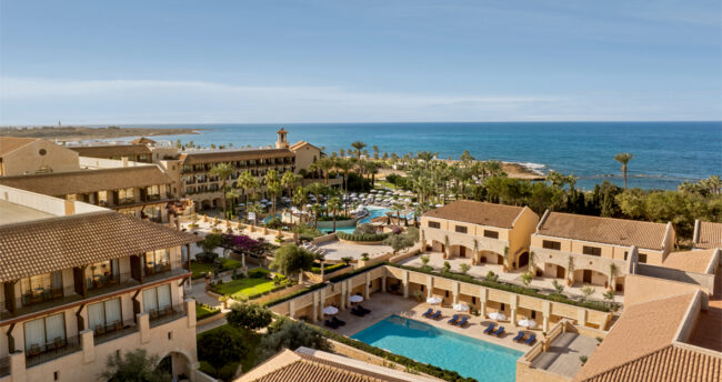Drone view over the hotel with the sea in the background