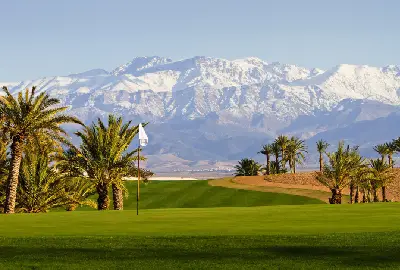 Golfplatz Assoufid Blick auf Green mit Lochfahne und Palmen an der Seite. Atlasgebirge im Hintergrund, schneebedeckt.